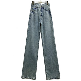 外贸原单185-190高个子新款女装时尚水洗高腰做旧磨破直筒牛仔裤