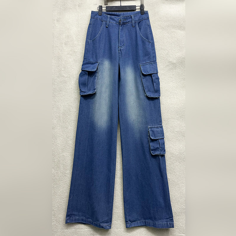 外贸原单175高个子新款女装多口袋工装裤百搭磨白高腰阔腿牛仔裤