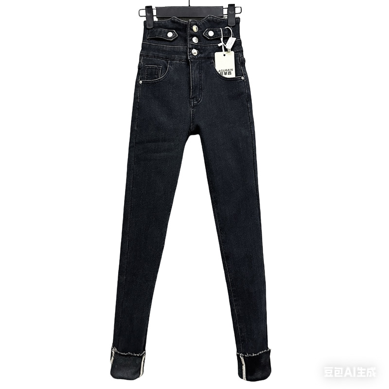 加绒加厚三粒扣铅笔裤牛仔裤