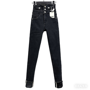 清仓!秋冬季女装高腰显瘦时尚百搭加绒加厚做旧三粒扣铅笔牛仔裤