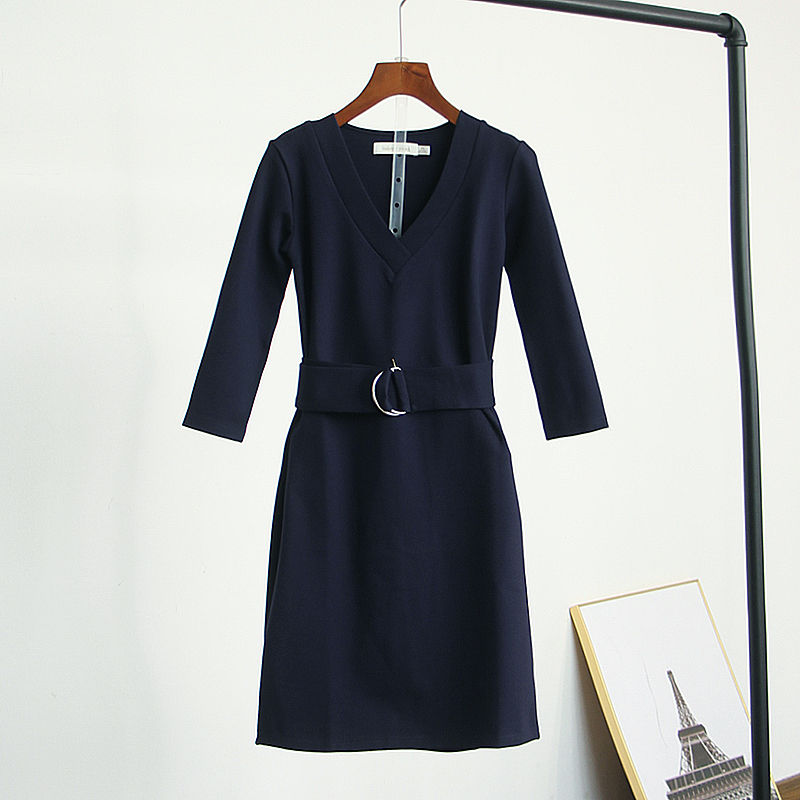 V领七分袖小个子连衣裙女系带收腰显瘦简约高腰百搭新款短裙子