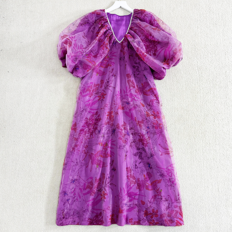 高端女装法式灯笼袖宽松长款V领短袖真丝连衣裙