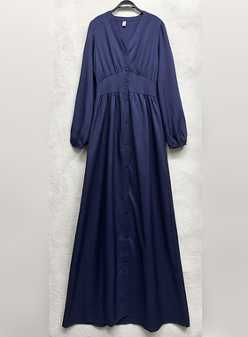 外贸原单170-175高个子新款女装宽松A字裙V领长款单排扣连衣裙