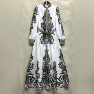 印花连衣裙 圆领百搭单排扣长款 外贸原单170高个子宫廷风女装 长袖