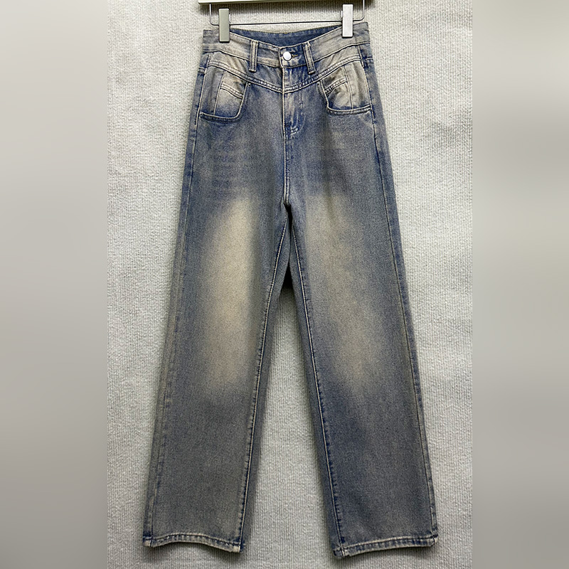 水洗做旧磨白直筒牛仔裤