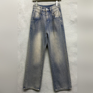 气质高腰百搭水洗做旧磨白直筒牛仔裤 春秋季 时尚 女装 新款