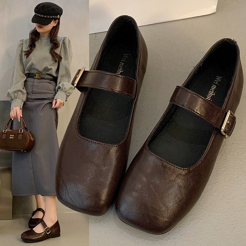 进口法式复古浅口晚晚风2025春季新款一字带百搭方头软底韩版小皮