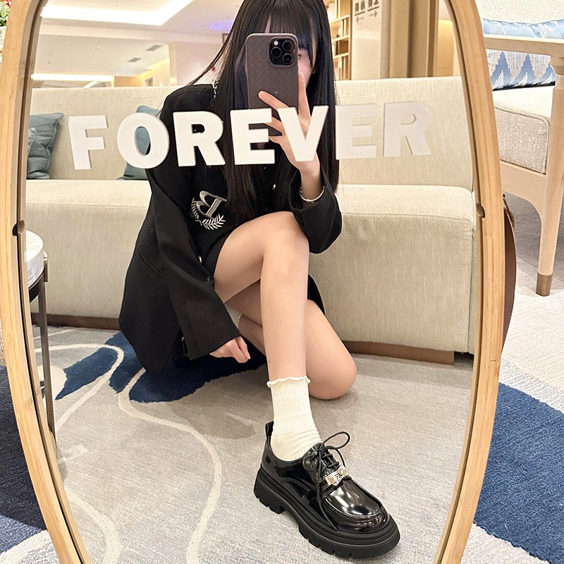 进口英伦风系带单鞋粗跟厚底松糕乐福小皮鞋女冬