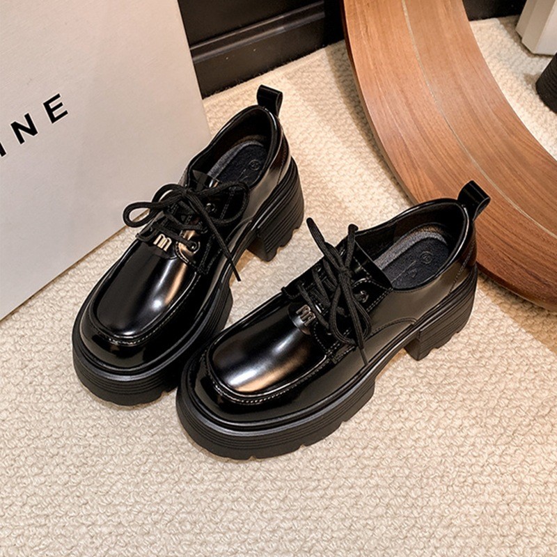 进口2025春季新款软皮厚底乐福鞋女粗跟百搭增高小皮鞋圆头系带单