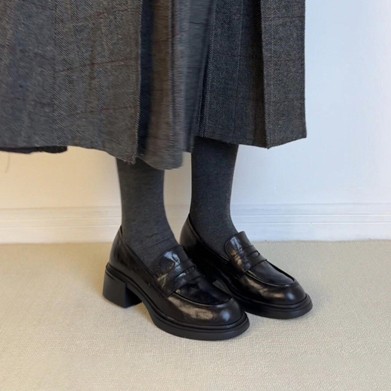 进口牛皮版~新款复古粗跟乐福鞋女一脚蹬圆头单鞋真皮通勤懒人小