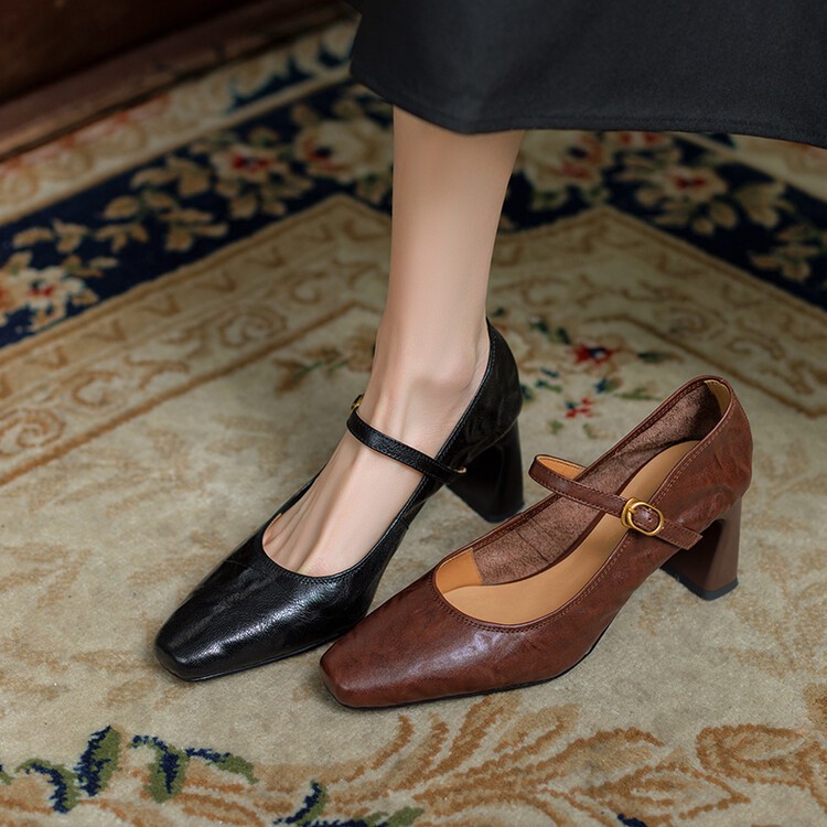 进口软羊皮~粗跟单鞋女法式真皮高跟鞋一字扣带中跟玛丽珍鞋浅口