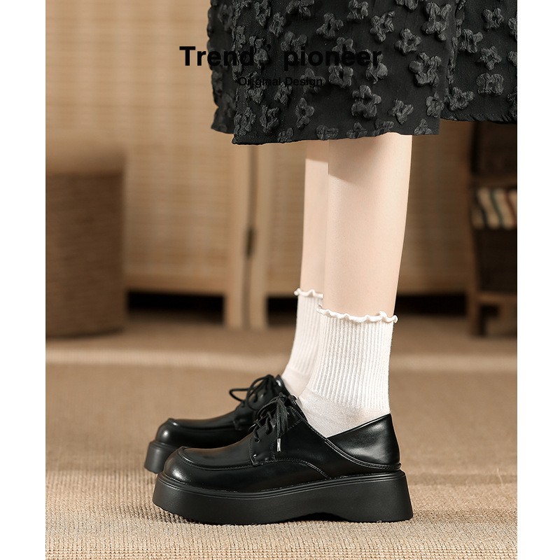 进口抖音厚底乐福鞋女2025年新款系带黑色百搭英伦风学院小皮鞋单