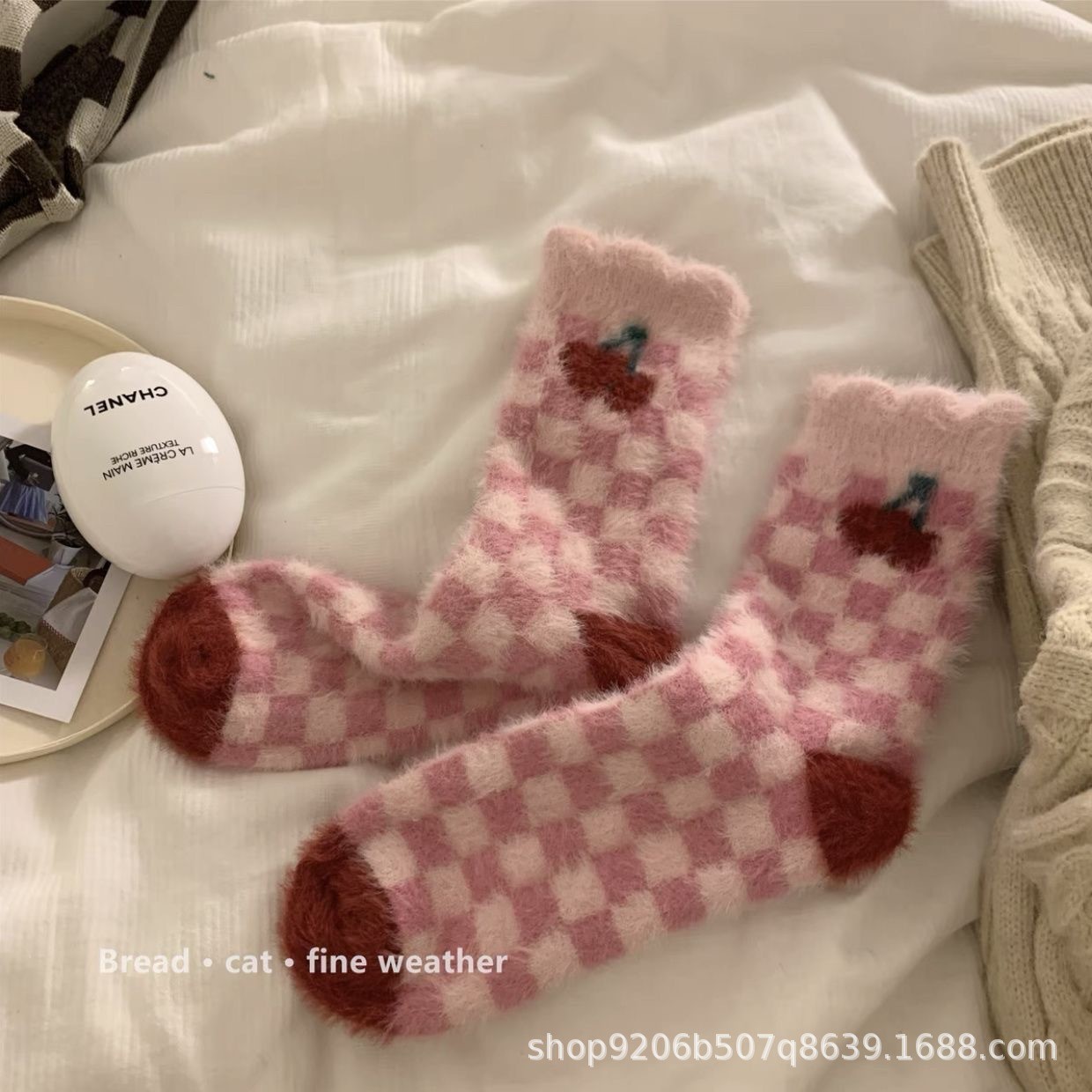 德国进口秋冬水貂绒女袜樱桃棋盘格蝴蝶结加厚地板袜日系可爱甜美