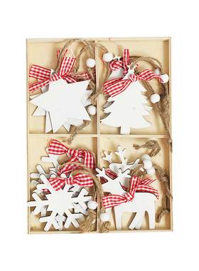 Christmas圣诞节白色4款12个木质树挂吊件装饰礼品约6-7厘米包邮