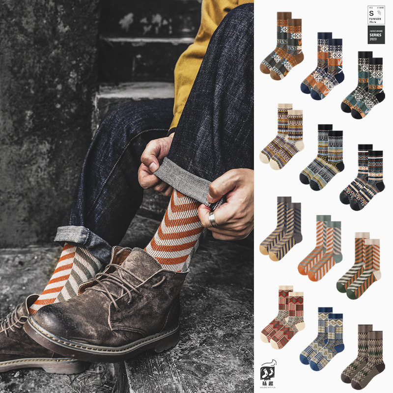 袜子男复古工装民族风咔叽中筒袜