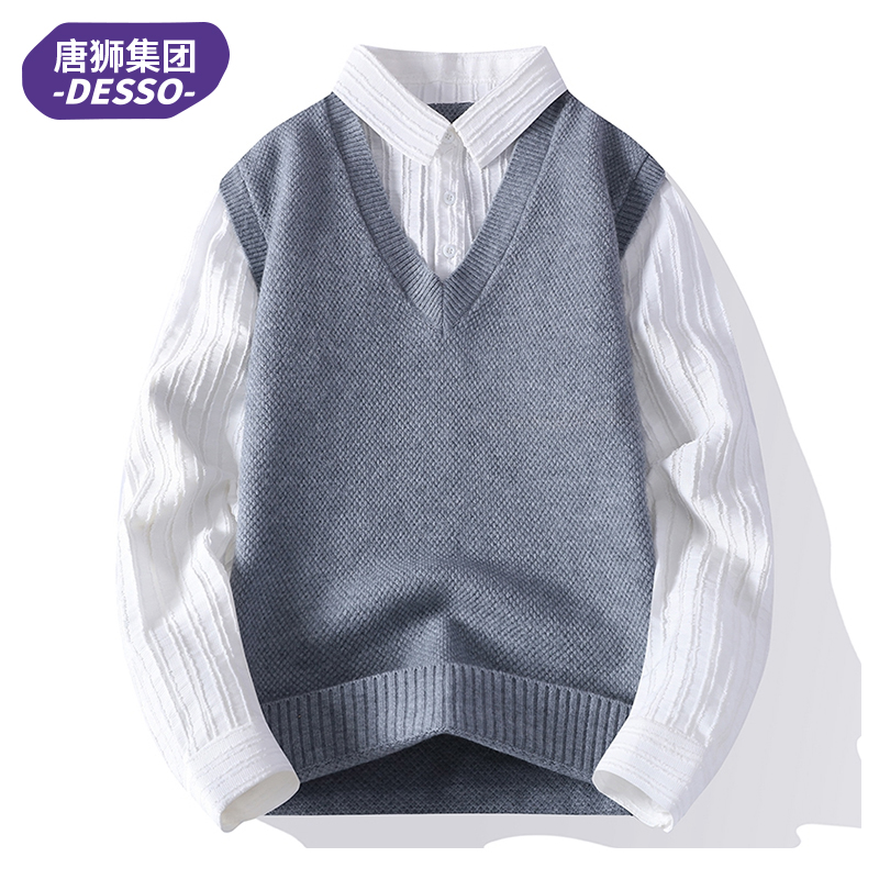 唐狮集团DESSO衬衫领毛衣男士秋冬季潮牌宽松假两件针织衫青少年