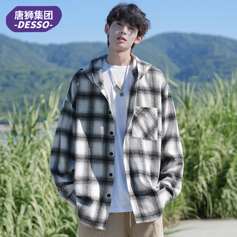 唐狮集团DESSO春秋连帽2025格子衬衫外套男美式痞帅开衫衬衣上衣