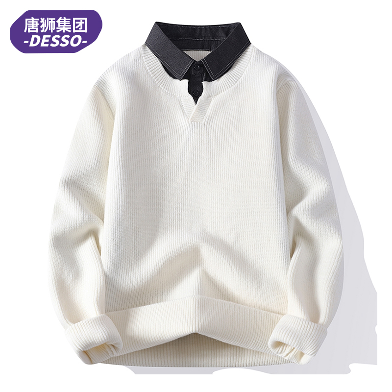 唐狮集团DESSO 假两件毛衣男秋冬季潮牌衬衫领针织衫男外套宽松