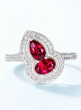 跨境爆款欧美风葫芦培育红宝戒指 S925银镀金镶培育彩宝时尚戒指