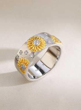 直播爆款S925纯银小雏菊戒指镀金镶钻宽版指环轻奢复古小红书爆款