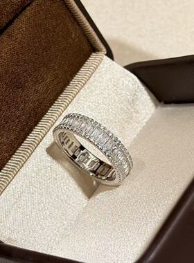 S925纯银 满钻梯方钻戒指精致排钻爆闪高级感气质仿真钻排钻满圈