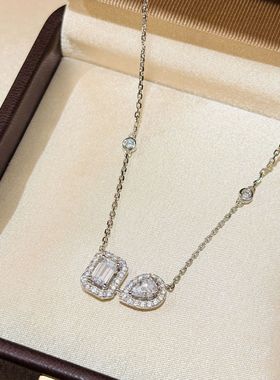 S925纯银 方钻水滴钻双钻项链twim系列爆闪轻奢点钻简约