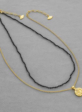 CCP家W字母印章系列项链 简约时尚小众叠戴印章黑尖晶串珠锁骨链