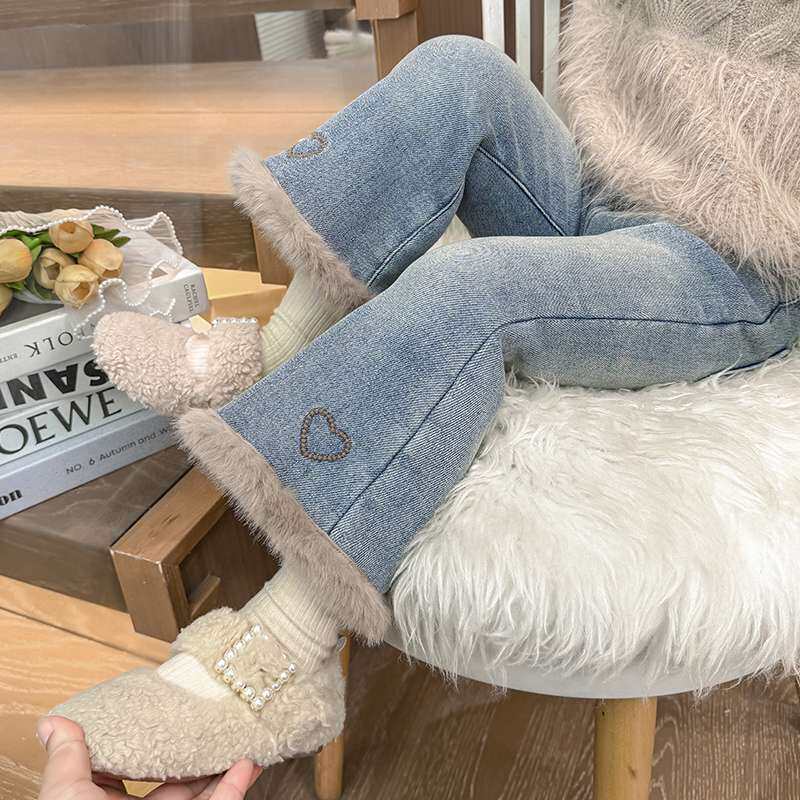 女童加绒牛仔裤冬季儿童一体绒加厚裤子宝宝秋冬装外穿百搭喇叭裤