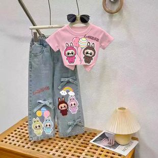 女童秋季套装卡通拉布布2025新款儿童labubu短袖T恤牛仔裤两件套