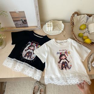 T恤夏季 女童纯棉蕾丝拼接短袖 2025韩系小女孩甜美上衣儿童芭蕾风t