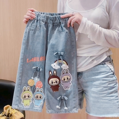 女童拉布布牛仔裤秋季新款labubu儿童阔腿裤中大童长裤直筒牛仔裤
