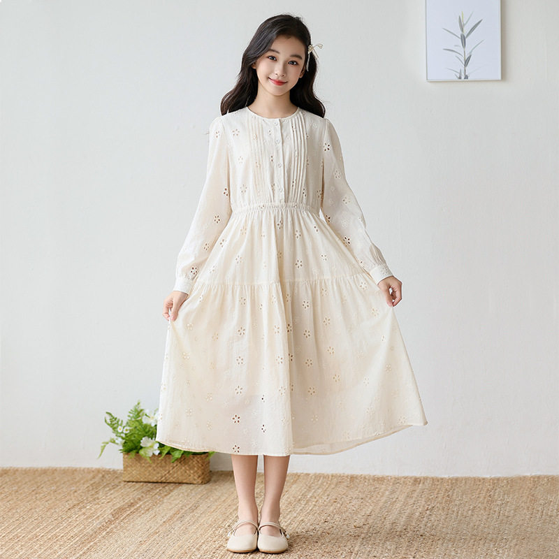 女童纯棉连衣裙2026春秋中大童气质长裙女孩长袖公主裙儿童礼服潮