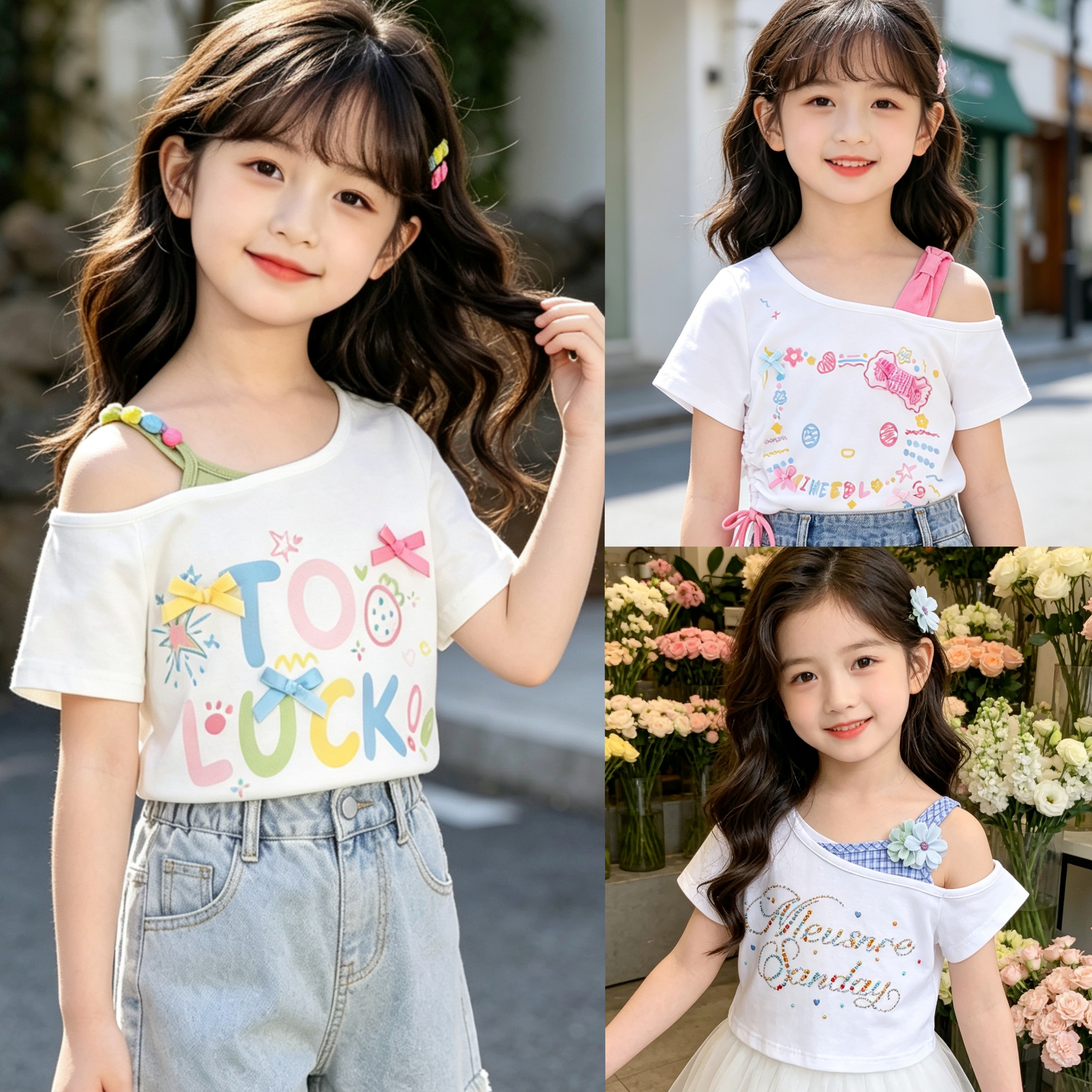 2026夏季纯棉女童短袖T恤露肚脐短款露肩甜美上衣韩版印花t恤公主