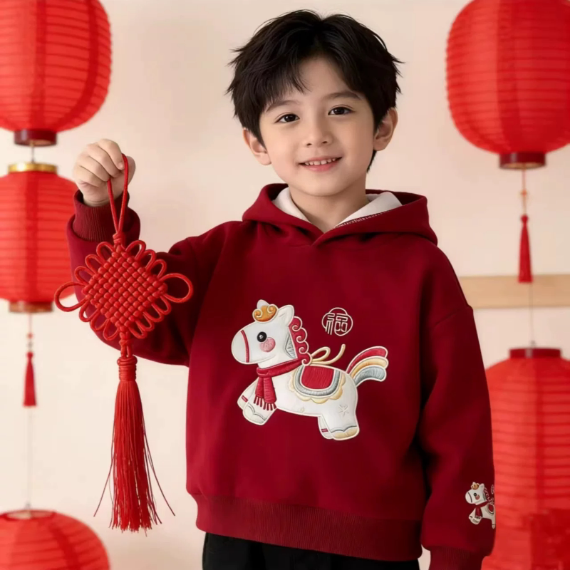 【仿刺绣印花】2026红色加绒卫衣亲子款新年男女童保暖连帽拜年服