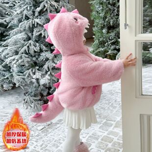 男童女童加绒外套秋冬款儿童女孩加厚恐龙毛毛衣男孩可爱皮草衣服