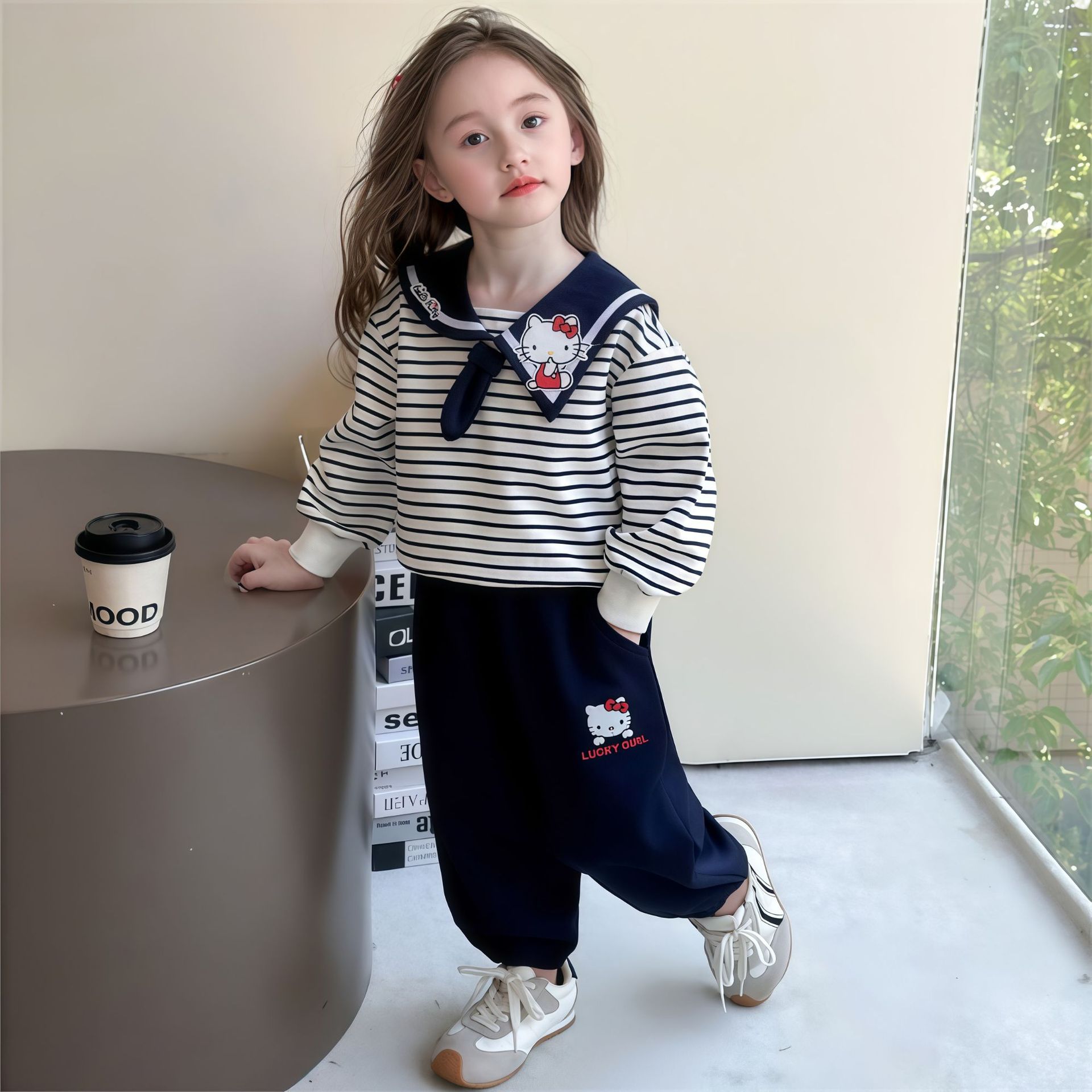 女童海军风运动套装2025春秋新款儿童条纹卫衣女宝宝海军领两件套