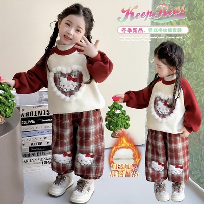 新年服女童加绒卫衣套装2025秋冬宝宝卡通卫衣红色格子裤两件套装