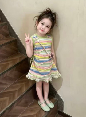 女童连衣裙夏季新款彩条纹连衣裙女宝宝无袖卡通背心裙子26322