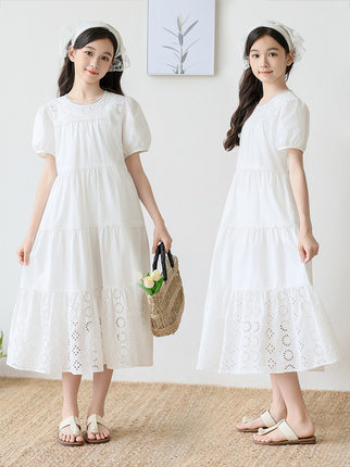 女童白色连衣裙夏季法式高级感纯棉公主裙大童女孩洋气超好看长裙