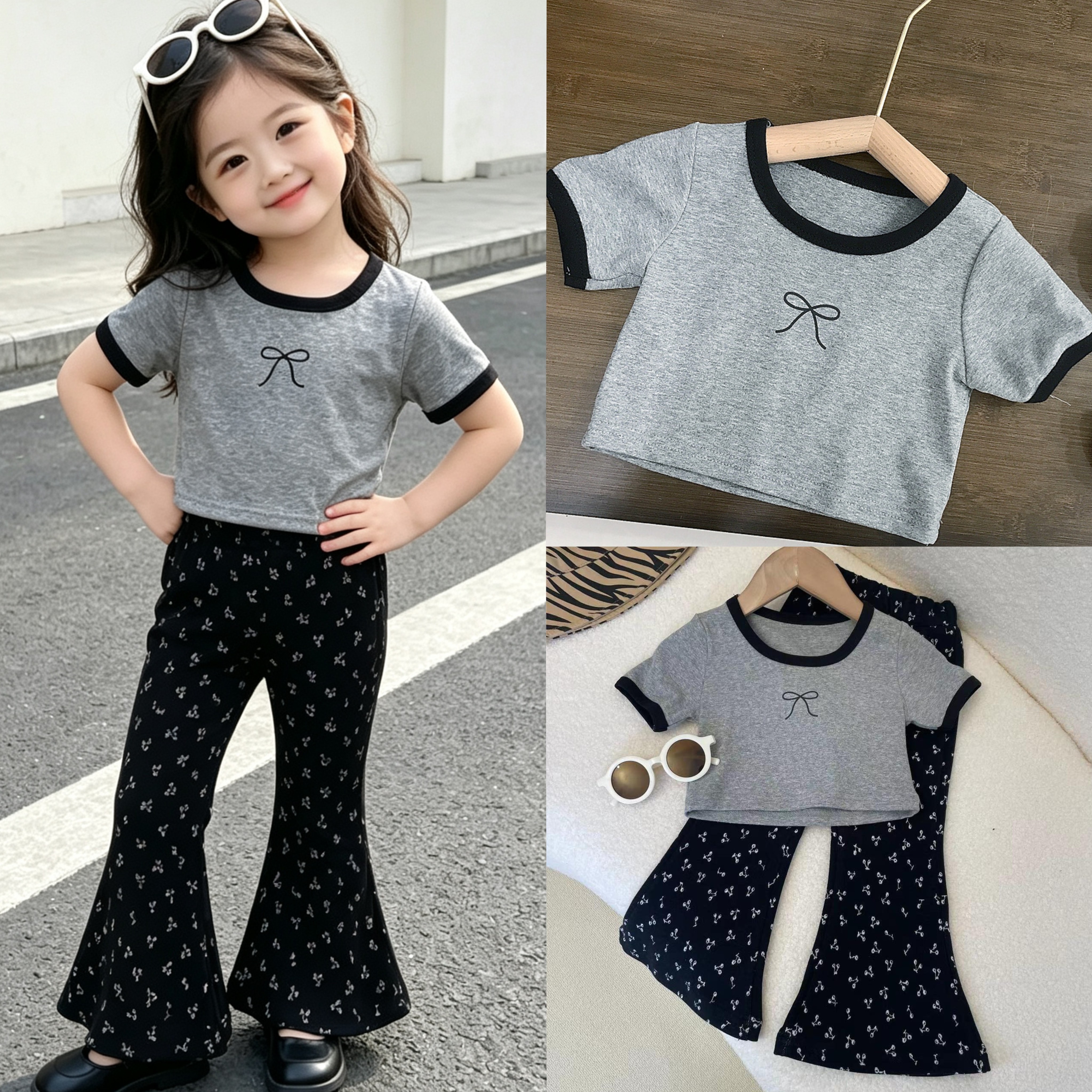 辣妹装2026套装女童夏季短款上衣+喇叭裤两件套韩版短袖t恤九分裤