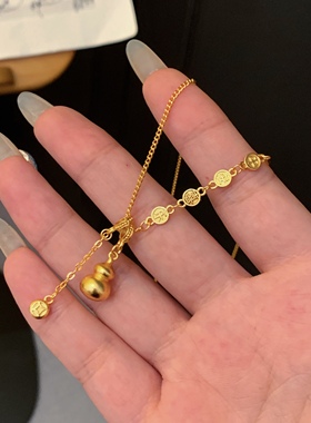 Paula 古法鎏金錾刻圆满福禄流苏葫芦锁骨套链L026