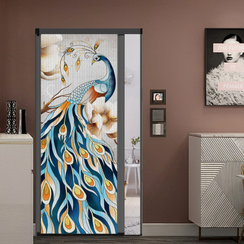 优诗曼孔雀图无轨亚麻衣帽间移门