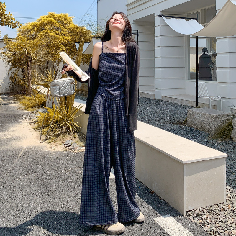 现货格纹吊带+阔腿裤+针织开衫三件套现货163-2520-P165控238,女装套装/套裙,拾菱