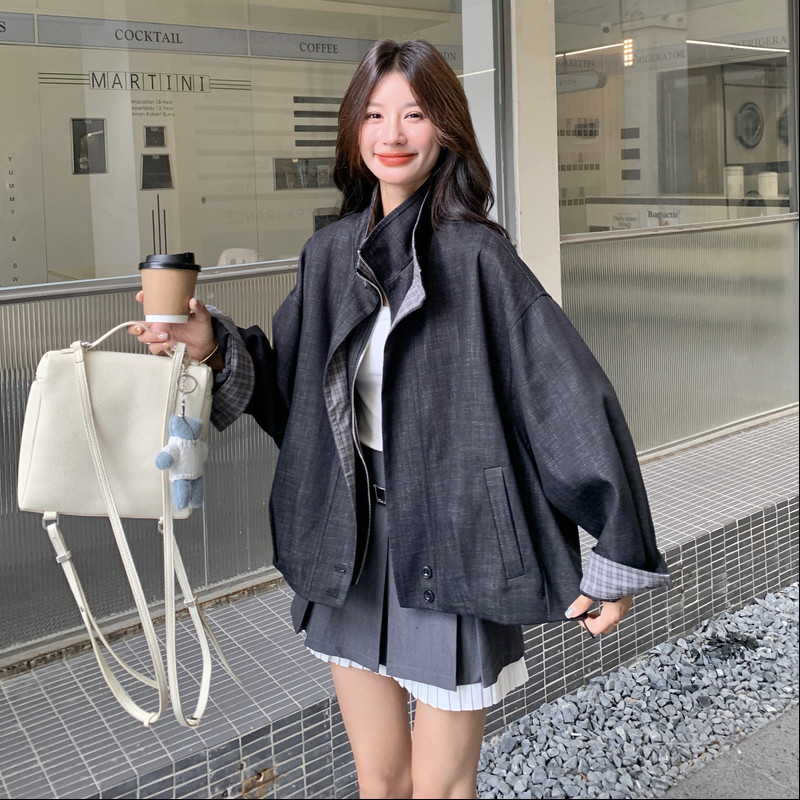 现货新款格纹拼接外套163-2536-P175-控258,女装短外套,拾菱