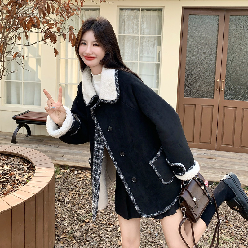 现货新款数据格纹拼接加厚羊羔毛外套2616-P195控298,女装毛呢外套,拾菱