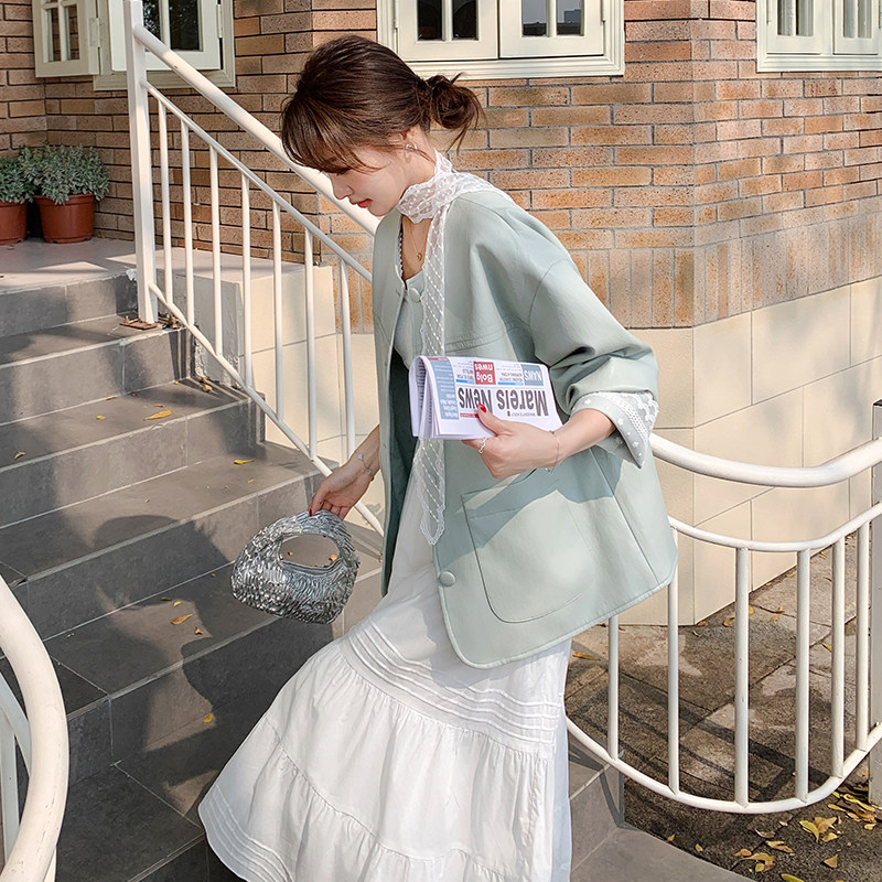 新款蕾丝拼接皮衣外套送飘带163-9166-P155控228,女装短外套,拾菱