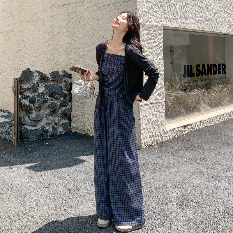 现货格纹吊带+阔腿裤+针织开衫三件套现货163-2520-P165控238,女装套装/套裙,拾菱