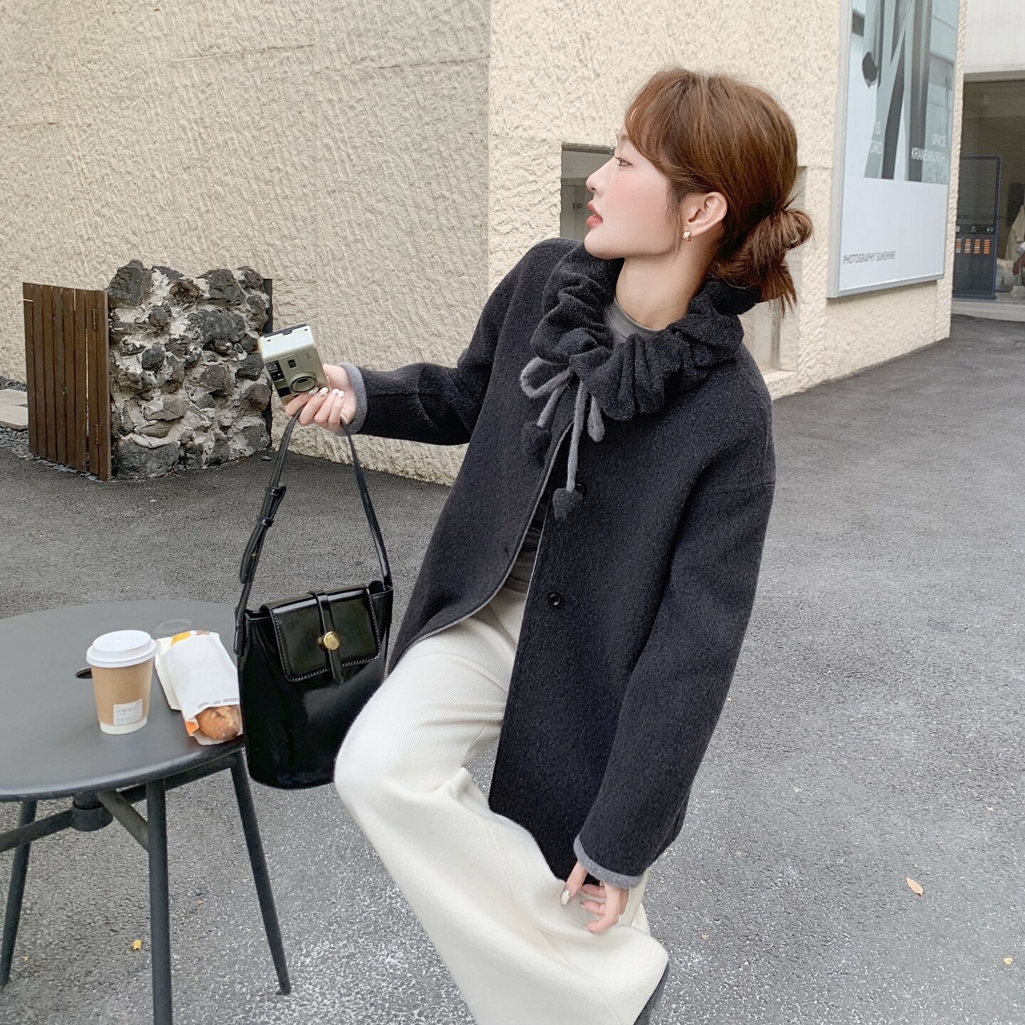 气质灰色围脖款双面羊毛大衣女2025冬季新款优雅减龄淡人毛呢外套,女装羊绒大衣,拾菱