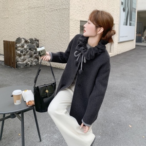 气质灰色围脖款双面羊毛大衣女2025冬季新款优雅减龄淡人毛呢外套图片