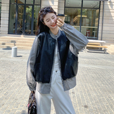 新款拼皮格纹拼接假两件外套163-2550-P155控248，女装短外套，拾菱